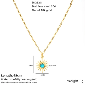 Detailed view of turquoise sunflower necklace with technical size specs and measurements