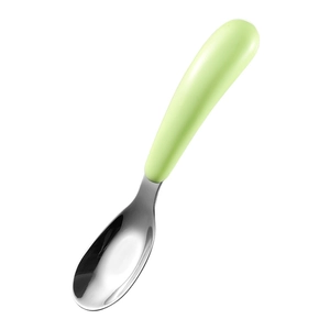 316L stainless steel baby training spoon with a light green curved handle on white background