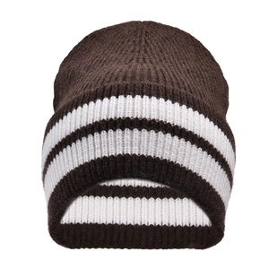 Detailed texture of thick knit striped beanie in dark brown and white soft wool yarn