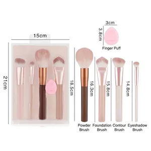 4-piece pink makeup brush set with thumb puff in a transparent travel case