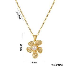 18k gold flower necklace with pearl and zircon inlay, includes 40+5cm chain dimensions