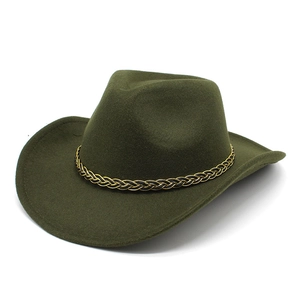 Detail of olive green wool fedora hat featuring a gold and black braided band trim