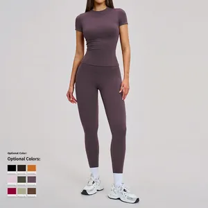 Women's quick-dry yoga set with tight long-sleeve top and high-waist leggings in purple