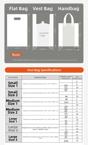 Size chart for thickened plastic bags showing height, width, and load-bearing specs