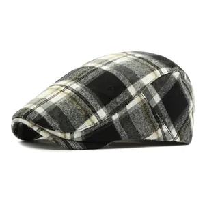 Classic vintage plaid ivy cap with grey and yellow tartan pattern for men and women
