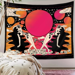 Detail of bohemian tapestry featuring psychedelic art style hanging on bedroom wall