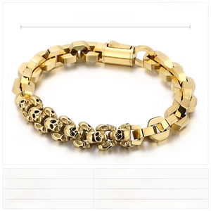 Detailed view of punk skull link stainless steel bracelet with technical dimensions