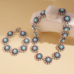 Bohemian retro jewelry set with sunflower pearl pendants and turquoise stone inlay