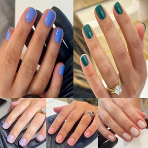 Short square press-on nails in sky blue, dark green, lilac, peach, and nude beige colors