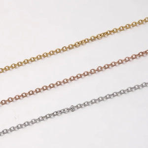 Detailed view of 1.5mm stainless steel cross chains in gold, rose gold and silver finishes