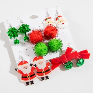 6-pair Christmas earring set with Santa Claus bells and colorful plush balls on card