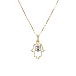 Detail of 18K gold-plated Hamsa hand pendant with colorful zircon stones and evil eye design