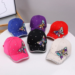Fashionable butterfly baseball caps with colorful rhinestones in six assorted colors