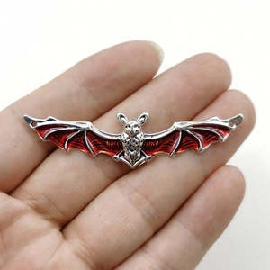 Gothic silver bat pendant with red enamel inlay for DIY jewelry and Halloween crafts