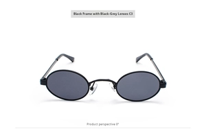 Front 0° view of oval retro sunglasses C3 with black metal frames and grey lenses