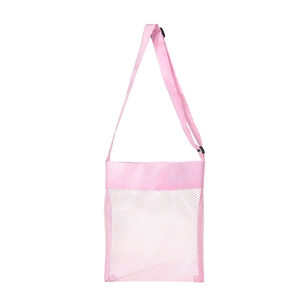 Detail of pink mesh beach bag showing adjustable shoulder strap and durable netting