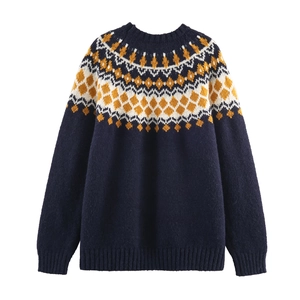 Navy blue crewneck knit sweater with Nordic Fair Isle pattern and ribbed cuffs