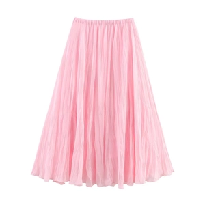 Jupe longue plissée rose clair élégante avec texture fine et taille haute élastique