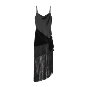 Mini Dress Satin Velvet Patchwork Cowl Neck Adjustable Spaghetti Strap Fringe Hem Elegant Party Clubwear For Women