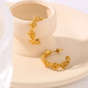 Rose Engraved C-Shaped Hoop Earrings 18K Gold Plated Stainless Steel Retro Romantic Floral Jewelry For Women