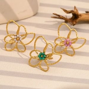 Stainless Steel Flower Open Ring 18K Gold Plated Adjustable Handmade Beaded Finger Jewelry Vintage Style For Women