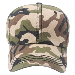Detail of woodland camouflage cotton baseball cap with six-panel design and curved brim
