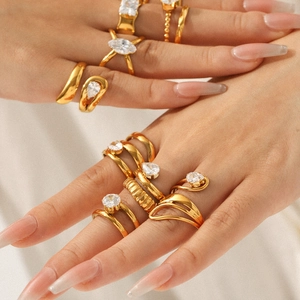 Golden geometric stainless steel rings set for women with shimmering zircon stones