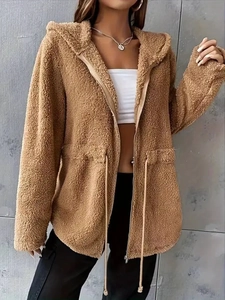 Women's camel fleece hooded jacket with adjustable drawstring waist and zipper closure