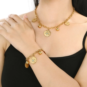 Elegant 18k gold plated titanium steel jewelry set with celestial evil eye coin pendants