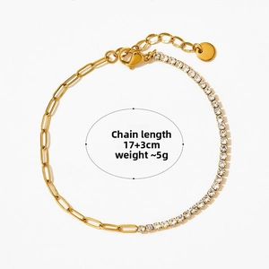 Detail of gold paperclip and zircon tennis chain with 17+3cm length measurement