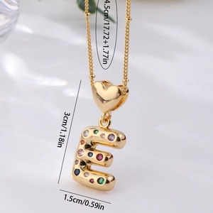Golden letter E pendant necklace with colorful zircon heart details and cross chain