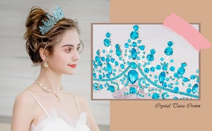 Close-up of blue crystal tiara and silver necklace set for birthday party events