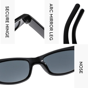 Detail view of children's sunglasses showing secure hinge, arc mirror leg and nose pads