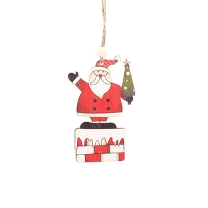 Wooden Christmas tree pendant featuring Santa Claus and snowman with rustic jute hanging rope