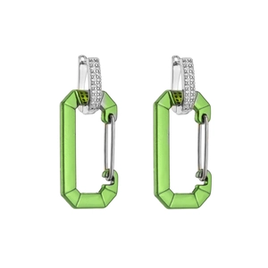 Detail of neon green carabiner earrings with sparkling pavé cubic zirconia setting
