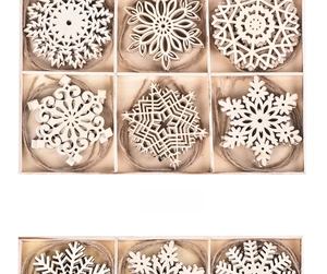 Detailed view of laser-cut wooden snowflake ornaments in a divided storage tray