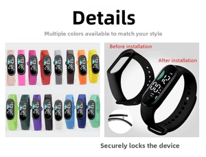 Detail of detachable LED digital sports watch showing assembly and 16 color options