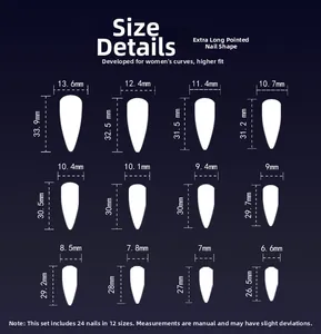 Tabella taglie per 24 unghie finte stiletto extra lunghe in 12 diverse misure