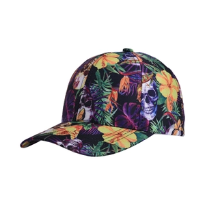 Detail of printed baseball cap with floral and skull patterns from a side front angle