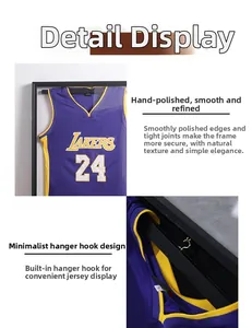Detail of minimalist hanger hook and matte black frame for sports jersey display case