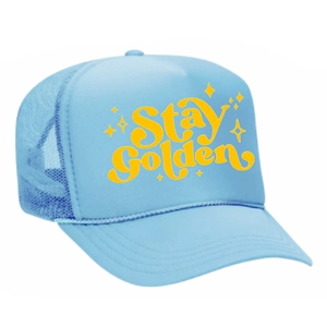 Sky blue mesh trucker hat with Stay Golden yellow print and adjustable snapback closure