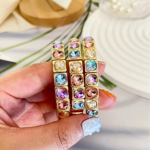 Sparkly macaron faceted gemstone stretch bracelets with gold square metal frames