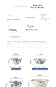 Detailed size chart for blue and white ceramic dinnerware including bowls and plates