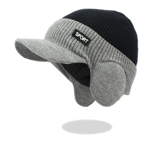 Men's thickened winter knit hat with ear flaps and visor in black and gray color block