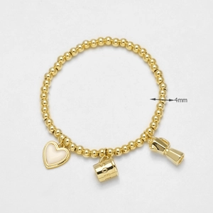 Pulsera de cuentas 4mm bañada en oro 18k con corazón de esmalte y dijes café