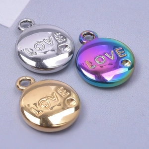 Polished stainless steel round LOVE pendants in gold, silver and rainbow for DIY jewelry