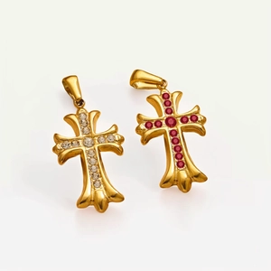 18k gold plated stainless steel cross pendants with red and clear zircon stones