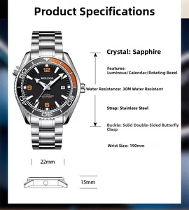 Detailed specs of luxury steel dive watch with sapphire glass and 30m water resistance