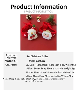 Size chart for handmade knitted Christmas pet collars showing XS to L measurements in cm