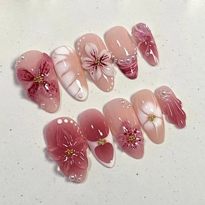 Ongles Press On Forme Amande 3D Camélia Fleur Künstliche Perle Décor Amovible Artificiel Faux Ongles Patchs Pour Femmes Style Doux